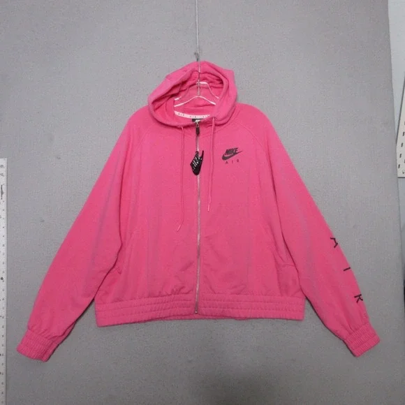 Nike Air Fleece Hoodie Women XL Pink Black Full Zip Dolman Sleeve Jewel Zipper - Picture 2 of 10
